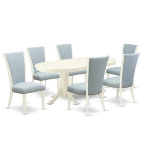 East West Furniture VAVE7-LWH-15 of six pieces of dining chairs with Linen Fabric Baby Blue color and a gorgeous wood kitchen table with Linen White color