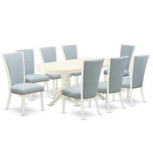 East West Furniture VAVE9-LWH-15 of eight pieces of parson dining chairs with Linen Fabric Baby Blue color and a beautiful dinner table with Linen White color