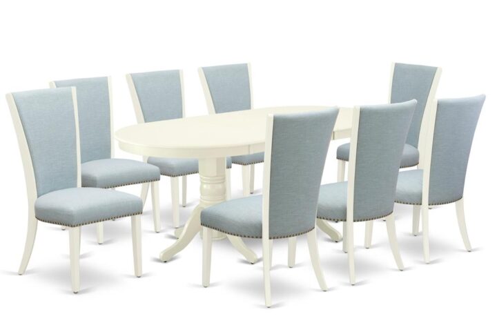 East West Furniture VAVE9-LWH-15 of eight pieces of parson dining chairs with Linen Fabric Baby Blue color and a beautiful dinner table with Linen White color