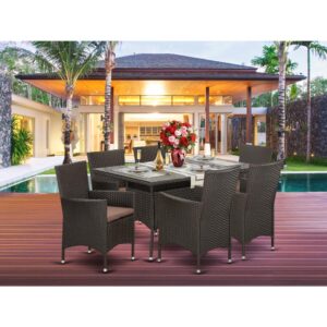 bring this relaxing and budget-friendly wicker patio set with Dark Brown finish. The 7 pc VLVL7-63S set includes a transparent glass top Outdoor-Furniture table and 6 single armchairs. Constructed from a lightweight steel frame and wrapped with woven Wicker fiber