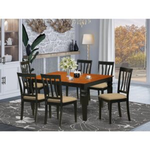 Matching Black And Cherry Finish Solid Wood Table Set Having Nice Beveled Edge On Trim. Vintage Rectangle-Shaped Dining Table Having 4 Legs. Recessed Details On Kitchen Table And Dining Chair Legs For Extra Support And Attraction. Beveled Carving On Legs Of Matching Table And Chairs. Small Table Having 18 In Self Storage Foldable Leaf In Kitchen Center Made For Casual Or Formal Atmosphere. 7 Pc Kitchen Set With A Single Weston Dinning Table And 6 Cushion Kitchen Area Chairs Finished In An Elegant  Black and Cherry Color.