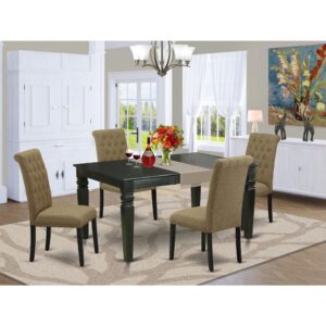 perfect for weekday meals and family gatherings alike. A comfortable and elegant black color offers any dining-room a relaxing and friendly feel with this medium kitchen table. The sturdy square-rectangular hybrid table stands on 4 straight solid wooden legs has plenty of space for 4-8 people to sit and enjoy their meal comfortably. The extendable leaf can be easily expanded making dining space for personal occasions or great parties. Made up of rubber wood