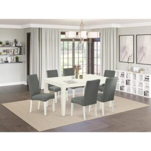 particle board or veneer top fabricated. This amazing slick kitchen table makes a really good addition for all kitchen space and corresponds all sorts of dining-room concepts. These standard height side chairs offer luxurious seating as well as stylish design. Complete in a Linen White wood finish