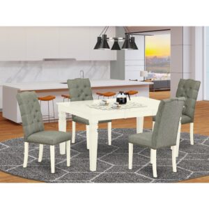 This small dining table set includes amazing 4 parson chairs and a fantastic 4 legs living room table. The modern rectangular dining table set provides a Linen White solid wood living room table and structure and an excellent smoke parson chairs seat and button tufted back that bring magnificence to your dining area and boost the elegance of your great dining area. The prime quality of our lovely chairs helps our beautiful customers to get relaxation and feel free when getting their meal. This dinette table created from high quality rubber wood which can bear the weight of 300 Lbs. Our Dining Chairs have a wooden structure with a luxury seat of superior quality foam which is covered with Linen Fabric that offers you relaxation with friends or family. This listing has a premium color of Linen white for a dinette table and Smoke Padded Parson Chairs. Our wonderful premium colors boost the beauty of your living area and provide a magnificent glance to your living area or dining area. East West furniture usually manufactured from modern furniture along with easy assembling parts. We try to keep our furniture parts innovative as well as simple. Our high-class dining table set is best for your attractive living area as well as the kitchen. You can use it for casual home parties. Keep enjoying East West modern furniture!