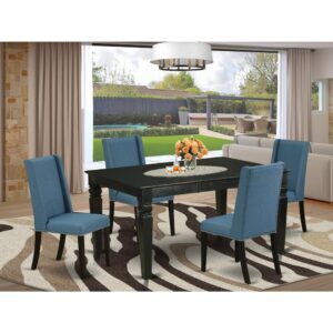 This dining room table set includes 4 remarkable Padded Parson Chairs and an excellent 4 legs small dining table. The modern dining table set gives a Black solid wood dining table and body and a great Mineral Blue Kitchen Parson Chairs seat and high back that bring elegance to your living area and enhance the charm of your amazing living area. The prime quality of our gorgeous chairs helps our beautiful customers to get relaxation and feel free when getting their meal. This butterfly leaf table manufactured from high-quality rubber wood which can bear the weight of 300 Lbs. Our parson dining chairs have a wooden structure with a luxury seat of premium quality foam which is covered with Linen Fabric that delivers you relaxation with friends or family. This listing has a premium color of Black finish for wood table and Mineral Blue finish of Padded Parson Chairs. Our wonderful premium colors enhance the beauty of your dining room and provide a high-class look to your living area or dining area. East West Furniture usually built from modern furniture along with easy assembling parts. We try to keep our furniture parts innovative as well as simple. Our high-class dinette set is ideal for your beautiful dining area as well as the kitchen. You can use it for casual home parties. Keep enjoying East West modern furniture!