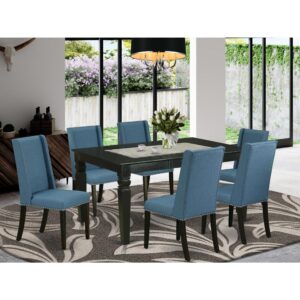 This dining room table set includes 6 awesome parson chairs and a great 4 legs wood table. The modern rectangular dining table set gives a Black hardwood dinner table and structure and an excellent Mineral Blue 6 parson chairs seat and high back that bring elegance to your dining-room and increase the elegance of your fantastic dining area. The high-quality of our lovely chairs help our beautiful customers to get relaxation and feel free when getting their meal. This butterfly leaf table manufactured from prime quality rubber wood which can bear the weight of 300 Lbs. Our parson dining room chairs have a wooden frame with a luxury seat of premium quality foam which is covered with Linen Fabric that provides you relaxation with family or friends. This listing has a premium color of Black finish for a dinette table and Mineral Blue finish of Kitchen Parson Chairs. Our stunning premium colors improve the beauty of your living area and give a high-class look to your living area or dining area. East West Furniture usually crafted from modern furniture along with easy assembling parts. We try to keep our furniture parts modern as well as simple. Our high-class dining room set is perfect for your gorgeous dining area as well as the kitchen. You can use it for casual home parties. Keep enjoying East West modern furniture!