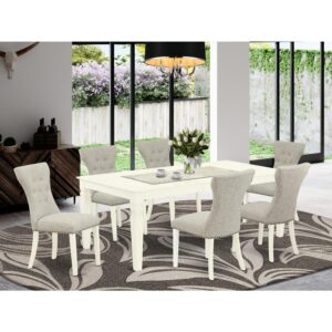 This kitchen dining table set includes 6 awesome dining room chairs and a fantastic 4 legs small rectangular table. The modern rectangular dining table set provides a Linen White hardwood living room table and structure and a fantastic Doeskin parson chairs seat and high back that bring magnificence to your living area and increase the charm of your good dining area. The high quality of our gorgeous chairs helps our attractive customers to get relaxation and feel free when getting their meal. This butterfly leaf dining table created from top quality rubber wood which can bear the weight of 300 Lbs. Our parson dining chairs have a wooden structure with a luxury seat of high quality foam which is covered with Linen Fabric that offers you relaxation with family or friends. This listing has a premium color of Linen White finish for rectangle table and Doeskin finish of parson dining room chairs. Our stunning premium colors improve the beauty of your living area and offer a high-class look to your dining area or dining area. East West furniture usually crafted from modern furniture along with easy assembling parts. We try to keep our furniture parts modern as well as simple. Our high class kitchen table set is ideal for your gorgeous dining area as well as the kitchen. You can use it for casual home parties. Keep enjoying East West modern furniture!