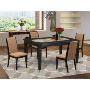This dining set includes 4 fantastic parson dining chairs and a fantastic 4 legs wood table. The modern rectangular dining table set provides a Black solid wood small rectangular table and frame and an excellent Light Sable parson chairs seat and high back that bring elegance to your living area and boost the charm of your awesome dining area. The superior quality of our lovely chairs helps our lovely customers to get relaxation and feel free when getting their meal. This butterfly leaf dining table built from high quality rubber wood which can bear the weight of 300 Lbs. Our upholstered dining chairs have a wooden structure with a luxury seat of superior quality foam which is covered with Linen Fabric that gives you relaxation with friends or family. This listing has a premium color of Black finish for kitchen dining table and Light Sable finish of parson dining chairs. Our attractive premium colors enhance the beauty of your living area and offer a magnificent glance to your dining area or dining area. East West furniture usually crafted from modern furniture along with easy assembling parts. We try to keep our furniture parts innovative as well as simple. Our high class modern dining table set is best for your attractive dining area as well as the kitchen. You can use it for casual home parties. Keep enjoying East West modern furniture!