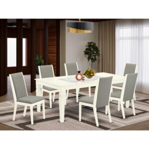 This kitchen set includes 6 wonderful Dining Chairs and an awesome 4 legs dining room table. The modern dining room set delivers a Linen White solid wood dinette table and structure and a great Shitake upholstered dining chairs seat and high back that bring magnificence to your dining area and enhance the elegance of your excellent dining room. The prime quality of our beautiful chairs helps our beautiful customers to get relaxation and feel free when getting their meal. This rectangle table created from superior quality rubber wood which can bear the weight of 300 Lbs. Our upholstered dining chairs have a wooden structure with a luxury seat of prime quality foam which is covered with Linen Fabric that gives you relaxation with family or friends. This listing has a premium color of Linen White finish for wood dining table and Shitake finish of parson chairs. Our amazing premium colors improve the beauty of your living area and provide a magnificent glance to your living area or dining area. East West furniture always created from modern furniture along with easy assembling parts. We try to keep our furniture parts innovative as well as simple. Our high class kitchen table set is perfect for your stunning dining area as well as the kitchen. You can use it for casual home parties. Keep enjoying East West modern furniture!