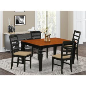 Coordinating Black And Cherry Color Hardwood Table And Chair Set Having Simple Beveled Edge On Trim. Regular Rectangular Table With 4 Legs. Recessed Details On Table And Dining Chair Legs For Added Support And Beauty. Beveled Chiseling On Legs Of Coordinating Table And Chairs.  Small Table Having 18 In Self Storage Extension Leaf In Dining-Room Center Suited To Casual Or Formal Atmosphere.  5 Piece Dinette Set With 1 Weston Dinning Table And 4 Cushion Seat Dining-Room Chairs Finished In A Luxurious  Black and Cherry Color.