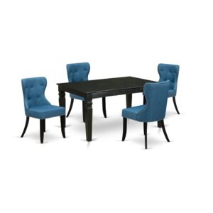 East West Furniture WESI5-BLK-21 of 4 pieces of kitchen dining chairs with Linen Fabric Mineral Blue color and a beautiful mid century dining table with Black color