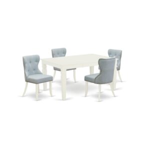 East West Furniture WESI5-WHI-15 of four pieces of parson dining chairs with Linen Fabric Baby Blue color and a gorgeous mid century dining table with Linen White color