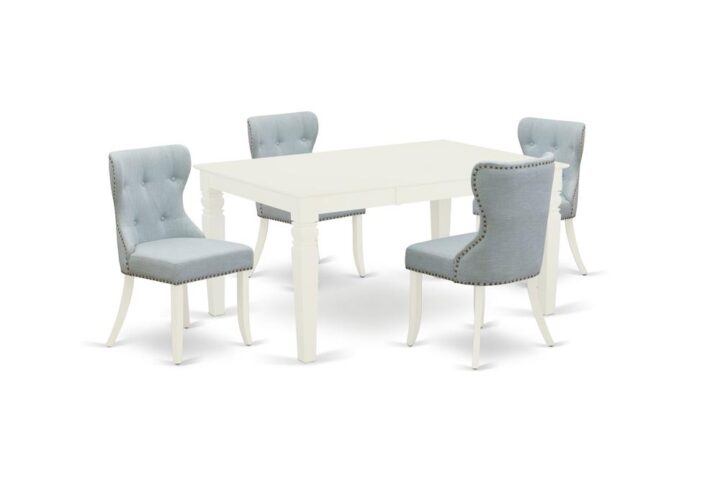 East West Furniture WESI5-WHI-15 of four pieces of parson dining chairs with Linen Fabric Baby Blue color and a gorgeous mid century dining table with Linen White color
