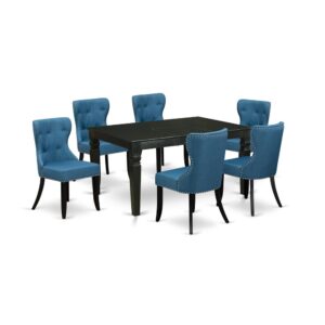 East West Furniture WESI7-BLK-21 of six-piece parson chairs with Linen Fabric Mineral Blue color and a beautiful two-side 18 butterfly leaf rectangle dining room table with Black color