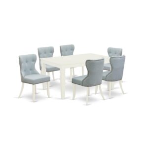 East West Furniture WESI7-WHI-15 of six-piece parson chairs with Linen Fabric Baby Blue color and a stunning two-side 18 butterfly leaf rectangle wooden table with Linen White color
