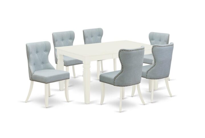 East West Furniture WESI7-WHI-15 of six-piece parson chairs with Linen Fabric Baby Blue color and a stunning two-side 18 butterfly leaf rectangle wooden table with Linen White color