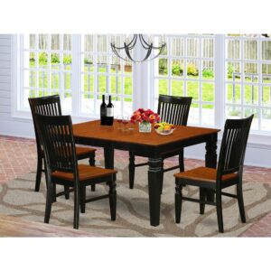lightly carved solid wood chair seats having a pair of lower side stretchers and nine upright slats. Dining table featuring 18 in self storage extension leaf in kicthen space center made for casual or formal atmosphere. This specific 5 Piece kitchen table set with one table and 4 dining chairs.