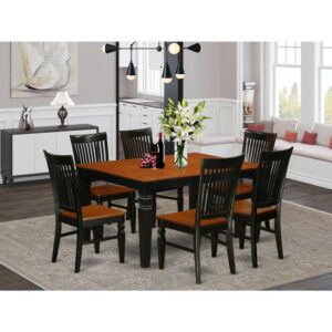gently chiseled solid wood chair seats having a pair of lower side rungs and nine up-right slats. Kitchen table which has 18 in self storage butterfly leaf in kitchen center best for casual or formal atmosphere. This specific 7 Piece kitchen table set with one table and 6 dining chairs.