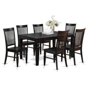 gently chiseled solid wood chair seats having a pair of lower side rungs and nine up-right slats. Kitchen table which has 18 in self storage butterfly leaf in kitchen center best for casual or formal atmosphere.