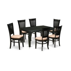 Its dining set consists of 6 desirable upholstered dining chairs and an amazing 4 legs dining table. The wood dinette set gives a Black solid wood dining table and great black wood dining chair that will boost the elegance to your dining area. This small rectangular dining table is created from high-quality rubber wood. These wood dining chairs have created from good quality wood that cans Endurance to 300lbs weight. This kitchen dining table set is colored with a high-quality Black finish. You can clean this modern dining table set easily with any furniture clearance. This kitchen set assembles easily due to its simple design. You can put together this dining room set one place to another quickly. The kitchen dining table set is one of the most important pieces of furniture in your house. It not only becomes the place to eat meals