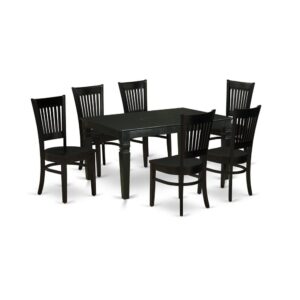 Its Rectangular dinette set consists of 6 attractive dining chairs and an amazing 4 legs dining room table. The Rectangular dining table set provides a Black solid wood dining room table and great black kitchen chairs that will boost the luxury to your dining room. This wooden dining table is produced from high-quality rubber wood. These wood dining chairs have made of great quality wood that can Endurance to 300lbs weight. This modern dinette set is colored with a good quality Black finish. You can clean this wood dining table set simply with any furniture clearance. This wooden dining table set assembles simply due to its simple design. You can put together this wooden dining table set one place to another easily. The kitchen table set is one of the most important pieces of furniture in your house. It not only becomes the place to eat meals