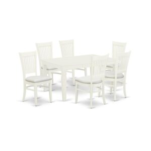Its kitchen dinette set includes 6 attractive wooden dining chairs and an astounding 4 legs rectangle dining table. The kitchen table set gives a Linen White solid wood small wooden dining table and great linen white dining room chairs that will increase the beauty of your dining room. This dining table is manufactured from high-quality rubber wood. These dining room chairs have made of good quality wood that can Endurance to 300lbs weight. This wood dinette set is colored with a high-quality Linen White finish. You can clean this dining room table set simply with any furniture clearance. This rectangular dining table set assembles simply due to its simple design. You can put together this mid century dining table set one place to another quickly. The kitchen dining table set is one of the most important pieces of furniture in your house. It not only becomes the place to eat meals