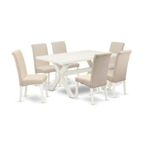 EaST WEST FURNITURE 7-PIECE DINING ROOM SET 6 STUNNING PaRSON DINING CHaIRS and DINNER TaBLE Our dining table set includes 6 awesome parson chairs and an excellent pedestal legs kitchen table. The modernrectangulardining table set gives a Linen White hardwood smallrectangulartable and frame and a wonderful Cream Linen Dining Chairs seat and high back that bring elegance to your dining area and increase the elegance of your awesome dining room. The high-quality of our gorgeous chairs helps our lovely customers to get relaxation and feel free when getting their meal. This smallrectangulartable crafted from superior quality rubber wood which can bear the weight of 300 Lbs. Our parson chairs have a wooden structure with a luxury seat of high-quality foam which is covered with Linen Fabric that offers you relaxation with friends or family. This listing has a premium color of Linen White finish for living room table and Cream Linen finish of dining room chairs. Our stunning premium colors increase the beauty of your living area and offer a luxurious glance to your dining room or dining area. East West furniture always manufactured from modern furniture along with easy assembling parts. We try to keep our furniture parts innovative as well as simple. Our high class dining room set is perfect for your attractive dining area as well as the kitchen. You can use it for casual home parties. Keep enjoying East West modern furniture!