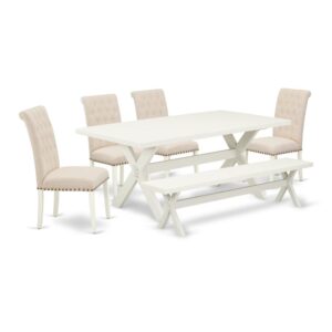 EAST WEST FURNITURE 6-PIECE MODERN DINING TABLE SET WITH 4 UPHOLSTERED DINING CHAIRS - INDOOR BENCH AND RECTANGULAR DINING TABLE