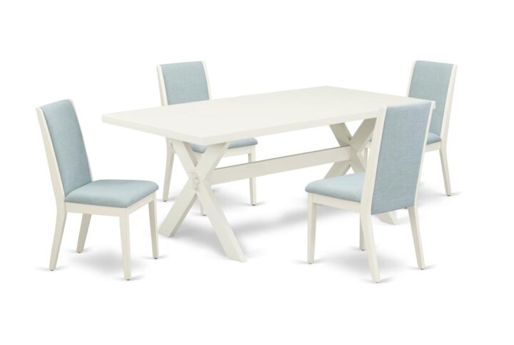 Introducing East West furniture's latest home furniture set that can convert your house into a home. This exclusive and stylish dining set features a dining table combined with Parson Chairs. Impressive wood texture with Wirebrushed Linen White color and a cross leg design defines the resilience and durability of the kitchen table. The ideal dimensions of this dining table set made it quite simple to carry