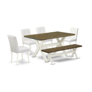 EAST WEST FURNITURE 6-PC KITCHEN SET WITH 4 PARSON DINING ROOM CHAIRS - MID CENTURY MODERN BENCH AND RECTANGULAR WOOD DINING TABLE