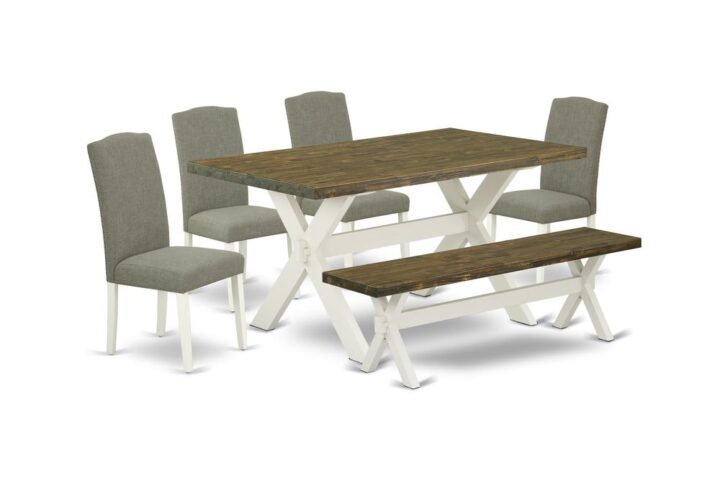 EAST WEST FURNITURE 6-PIECE KITCHEN TABLE SET WITH 4 MODERN DINING CHAIRS - WOODEN BENCH AND RECTANGULAR KITCHEN TABLE