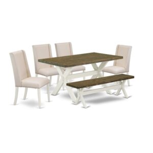 EAST WEST FURNITURE 6-PC DINETTE SET WITH 4 DINING ROOM CHAIRS - DINING BENCH AND RECTANGULAR DINING TABLE