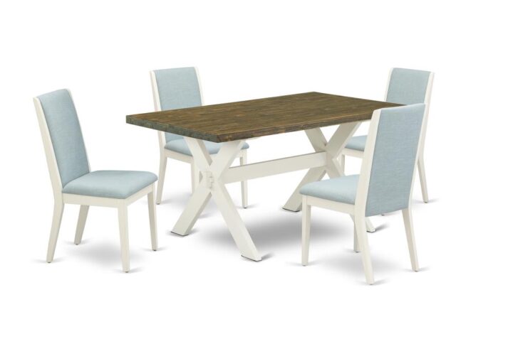 Introducing East West furniture's innovative home furniture set which can convert your house into a home. This special and cutting edge dining set contains a dining table combined with Parsons Chairs. Splendid wood texture with Wirebrushed Linen White and Distressed Jacobean color and a cross leg design describes the stability and sustainability of the kitchen table. The perfect dimensions of this dining table set made it quite simple to carry