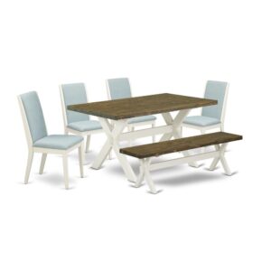 Introducing East West furniture's innovative home furniture set that can turn your house into a home. This particular and cutting edge kitchen set features a dinette table combined with Parsons Chairs. Impressive wood texture with Wirebrushed Linen White and Distressed Jacobean color and a cross leg design describes the sturdiness and longevity of the dining table. The optimal dimensions of this dining table set made it quite simple to carry