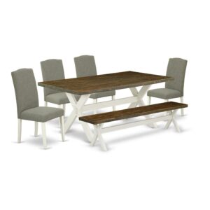 EAST WEST FURNITURE 6-PIECE RECTANGULAR DINING ROOM TABLE SET WITH 4 PARSON DINING ROOM CHAIRS - WOOD BENCH AND RECTANGULAR WOOD DINING TABLE