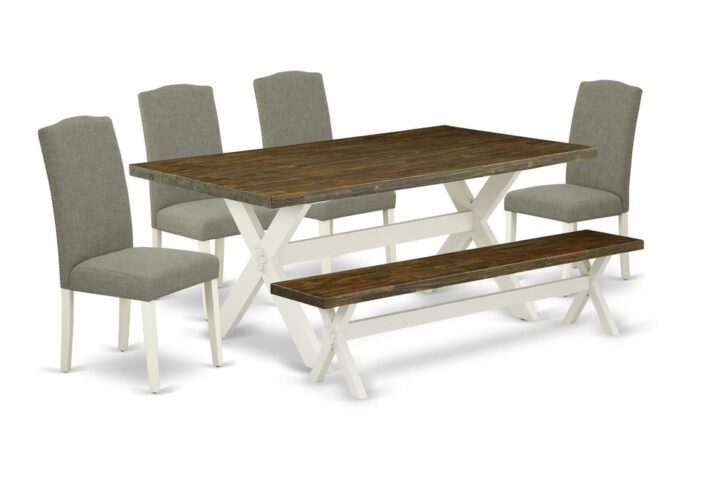 EAST WEST FURNITURE 6-PIECE RECTANGULAR DINING ROOM TABLE SET WITH 4 PARSON DINING ROOM CHAIRS - WOOD BENCH AND RECTANGULAR WOOD DINING TABLE