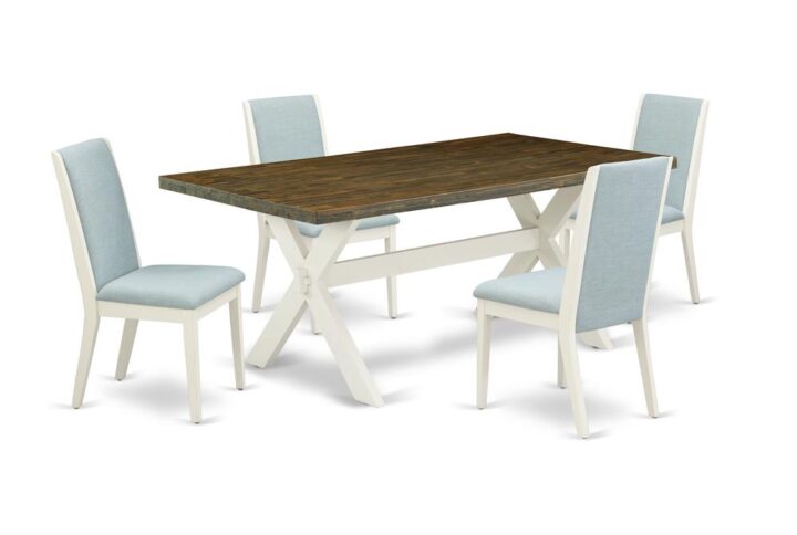 Introducing East West furniture's new home furniture set which can transform your house into a home. This distinctive and cutting edge kitchen set contains a kitchen table combined with Parsons Dining Room Chairs. Impressive wood texture with Wirebrushed Linen White and Distressed Jacobean color and a cross leg design specifies the sturdiness and longevity of the kitchen table. The optimal dimensions of this kitchen table set made it quite simple to carry
