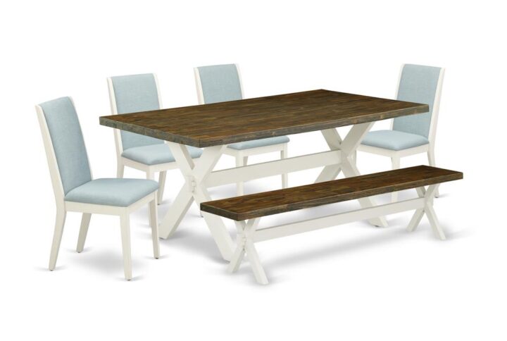 Introducing East West furniture's latest home furniture set which can turn your house into a home. This exclusive and sophisticated kitchen set contains a dinette table combined with Parsons Chairs. Splendid wood texture with Wirebrushed Linen White and Distressed Jacobean color and a cross leg design describes the resilience and durability of the kitchen table. The optimal dimensions of this dining table set made it quite simple to carry