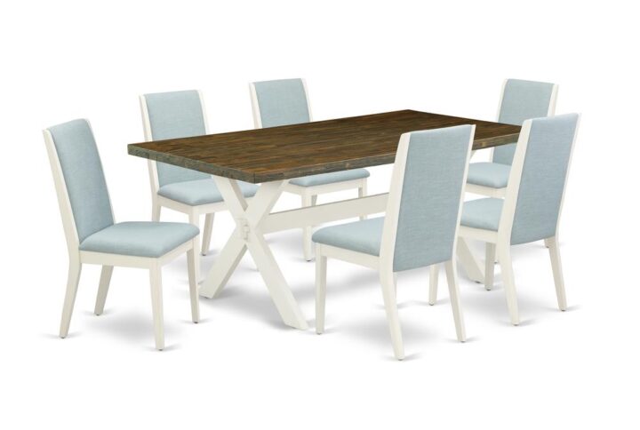 Introducing East West furniture's brand new furniture set that can convert your house into a home. This special and stylish dining set features a kitchen table combined with Parsons Dining Room Chairs. Splendid wood texture with Wirebrushed Linen White and Distressed Jacobean color and a cross leg design specifies the resilience and sustainability of the kitchen table. The perfect dimensions of this dining table set made it quite simple to carry