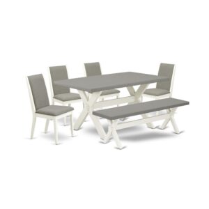 EAST WEST FURNITURE 6-PIECE MODERN DINING TABLE SET WITH 4 PARSON CHAIRS - WOOD BENCH AND RECTANGULAR DINING TABLE