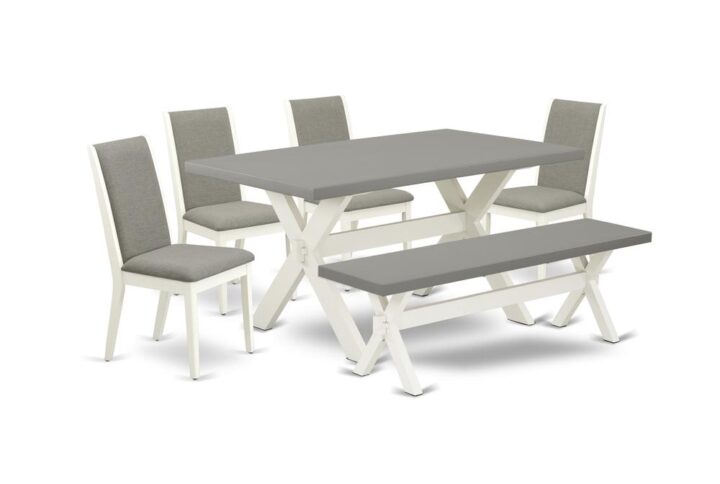 EAST WEST FURNITURE 6-PIECE MODERN DINING TABLE SET WITH 4 PARSON CHAIRS - WOOD BENCH AND RECTANGULAR DINING TABLE