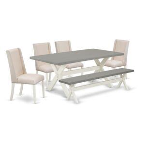 EAST WEST FURNITURE 6-PIECE DINING ROOM TABLE SET WITH 4 PARSON DINING ROOM CHAIRS - WOODEN BENCH AND RECTANGULAR KITCHEN TABLE