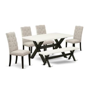 EAST WEST FURNITURE 6-PC DINING ROOM TABLE SET WITH 4 DINING ROOM CHAIRS - DINING ROOM BENCH AND RECTANGULAR DINING ROOM TABLE