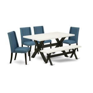 EAST WEST FURNITURE 6-PIECE RECTANGULAR DINING ROOM TABLE SET WITH 4 PADDED PARSON CHAIRS - DINING BENCH AND RECTANGULAR MODERN DINING TABLE