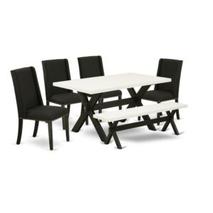 EAST WEST FURNITURE 6-PIECE DINING TABLE SET WITH 4 PARSON DINING CHAIRS - MID CENTURY MODERN BENCH AND RECTANGULAR DINING TABLE