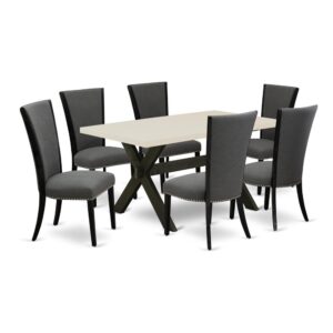 Our Dinette Set  Adds A Touch Of Elegance To Any Dining Room That You And Your Family Will Absolutely Enjoy. The Elegant Modern Dining Set  Includes A Dining Table And 6 Dining Room Chairs. This Rectangular Wood Table Top Is Offered In A Linen White Finish. In Addition
