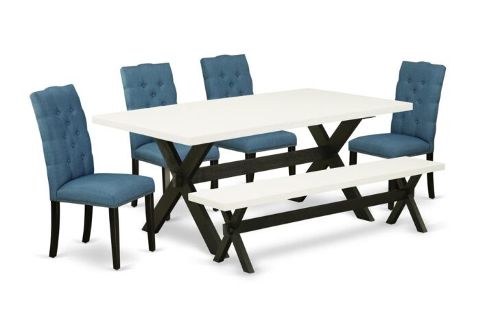 EAST WEST FURNITURE 6-PC DINING TABLE SET WITH 4 KITCHEN CHAIRS - INDOOR BENCH AND RECTANGULAR DINING TABLE