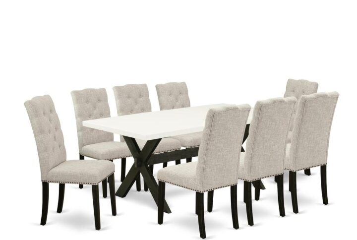EaST WEST FURNITURE 5-PIECE DINING SET 8 BEaUTIFUL PaRSON CHaIRS and TWO SHELVES DINING TaBLE