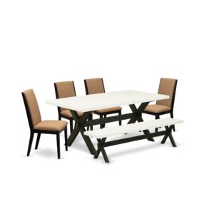 EAST WEST FURNITURE 6-PC KITCHEN TABLE SET WITH 4 UPHOLSTERED DINING CHAIRS - DINING BENCH AND RECTANGULAR DINING TABLE