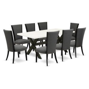 Introducing East West furniture's brand new furniture set that can convert your house into a home. This particular and sophisticated kitchen set comes with a kitchen table combined with Parsons Chairs. Splendid wood texture with Wirebrushed Black and Linen White color and a cross leg design describe the stability and durability of the dining table. The ideal dimensions of this dining table set made it quite simple to carry